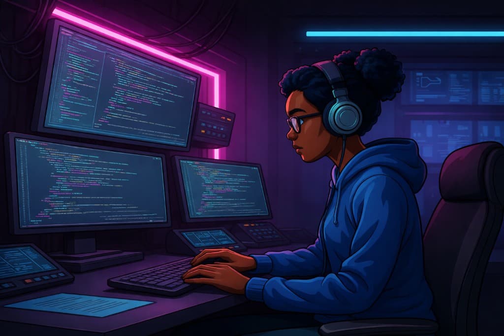 Ashley Henderson coding at a desk with multiple monitors